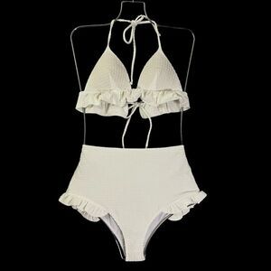 Paper London White Textured Bikini High Waisted Ruffle Triangle Top Medium